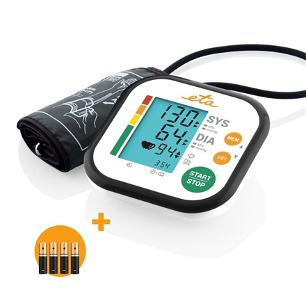 ETA ETA | Upper Arm Blood Pressure Monitor | ETA229790000 | Memory function | Number of users 2 user(s) | 4 | Suitable for home use. Measurement of systolic and diastolic pressure, pulse. Oscillometric measurement method. Display of measured values ​​on LCD. Fully automatic filling and deflation of the cuff. Pressure measurement accuracy +/- 3 mmHg, pulse +/- 5%. Pressure measurement range 0 - 299 mmHg, pulse 40 - 199 per minute. Irregular heart rate detection. WHO blood pressure classification. | Upper Arm ETA229790000