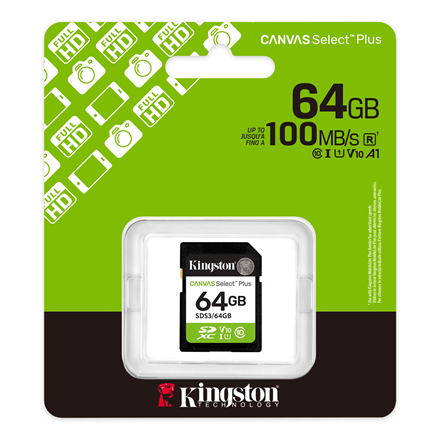 Kingston Kingston Canvas Select Plus | 64 GB | SD | Flash memory class Class 10, UHS-I, U1/U3, Video Class 10/30 SDS3/64GB