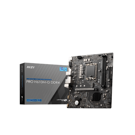 MSI MSI | PRO H610M-G DDR4 | Processor family Intel | Processor socket LGA1700 | DDR4 DIMM | Memory slots 2 | Supported hard disk drive interfaces SATA, M.2 | Number of SATA connectors 4 | Chipset Intel H610 | M-ATX PRO H610M-G DDR4