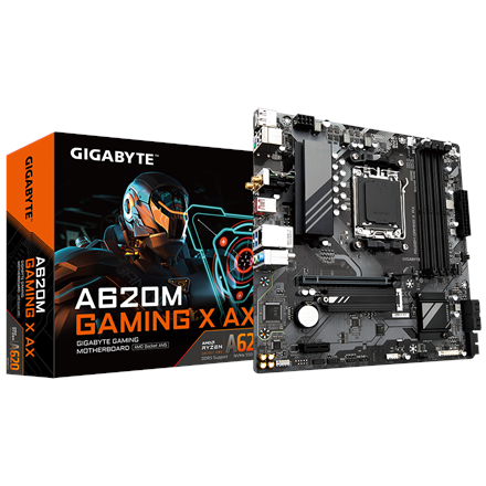Gigabyte Gigabyte | A620M GAMING X AX 1.0 M/B | Processor family AMD | Processor socket AM5 | DDR5 DIMM | Memory slots 4 | Supported hard disk drive interfaces SATA, M.2 | Number of SATA connectors 4 | Chipset AMD A620 | Micro ATX A620M GAMING X AX