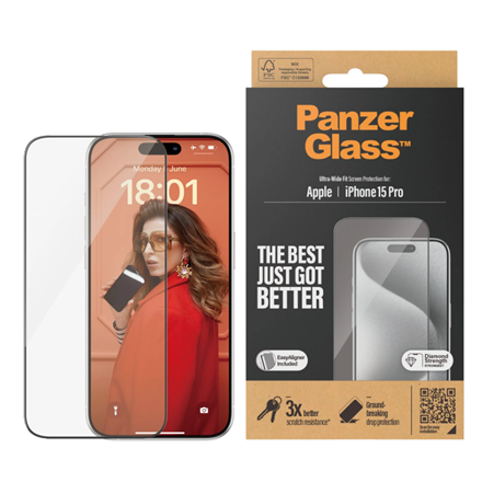 PanzerGlass PanzerGlass | Screen protector | Apple | iPhone 15 Pro | Glass | Clear | Easy installation; Fingerprint resistant; Anti-yellowing | Ultra-Wide Fit 2810