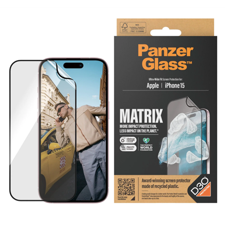 PanzerGlass PanzerGlass | Screen protector | Apple | iPhone 15 | Recycled plastic | Transparent | Ultra-Wide Fit; Easy installation; Fingerprint resistant; Anti-yellowing; Touch sensitivity | MATRIX with D3O 2817