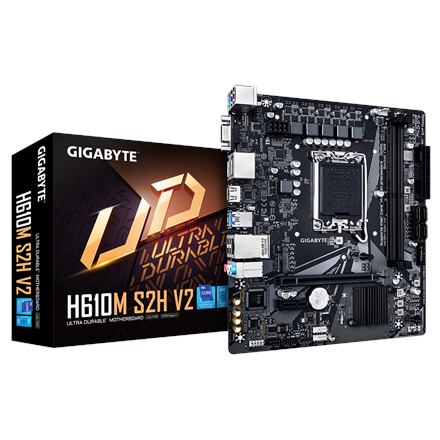 Gigabyte Gigabyte | H610M S2H V2 1.0 | Processor family Intel | Processor socket LGA1700 | DDR5 DIMM | Supported hard disk drive interfaces M.2, SATA | Number of SATA connectors 4 H610M S2H V2 1.0