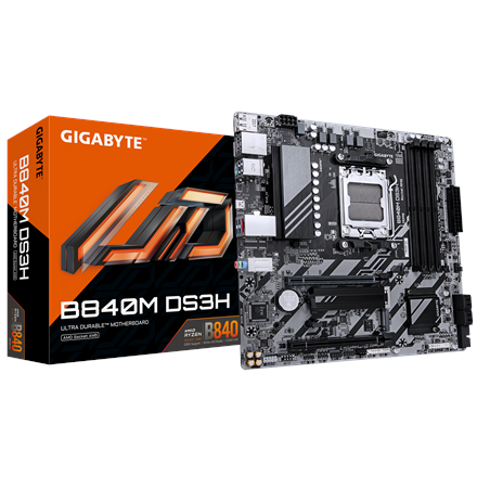 Gigabyte Gigabyte B840M DS3H | Processor family AMD | Processor socket AM5 | DDR5 | Supported hard disk drive interfaces SATA, M.2 | Number of SATA connectors 4 B840M DS3H