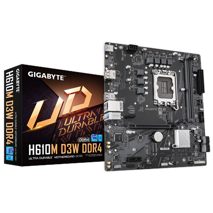 Gigabyte Gigabyte H610M D3W DDR4 | Processor family Intel | Processor socket LGA1700 | DDR4 | Supported hard disk drive interfaces M.2, SATA | Number of SATA connectors 4 H610M D3W DDR4