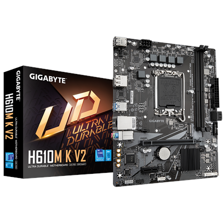 Gigabyte Gigabyte H610M K V2 | Processor family Intel | Processor socket LGA1700 | DDR5 | Supported hard disk drive interfaces M.2, SATA | Number of SATA connectors 2 H610M K V2