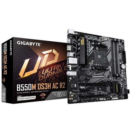 Gigabyte Gigabyte B550M DS3H AC R2 | Processor family AMD | Processor socket AM4 | DDR4 DIMM | Supported hard disk drive interfaces SATA, M.2 | Number of SATA connectors 4 B550M DS3H AC R2