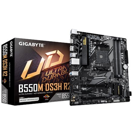 Gigabyte Gigabyte B550M DS3H R2 | Processor family AMD | Processor socket AM4 | DDR4 DIMM | Supported hard disk drive interfaces SATA, M.2 | Number of SATA connectors 4 B550M DS3H R2