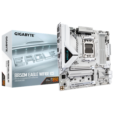 Gigabyte Gigabyte B850M EAGLE WF6E ICE | Processor family AMD | Processor socket AM5 | DDR5 | Supported hard disk drive interfaces SATA, M.2 | Number of SATA connectors 4 B850M EAGLE WF6E ICE