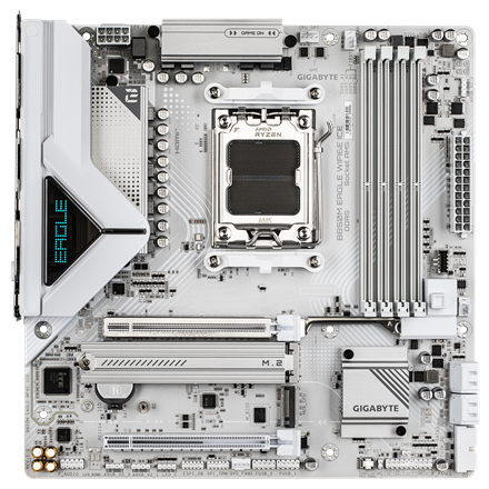 Gigabyte Gigabyte B850M EAGLE WF6E ICE | Processor family AMD | Processor socket AM5 | DDR5 | Supported hard disk drive interfaces SATA, M.2 | Number of SATA connectors 4 B850M EAGLE WF6E ICE