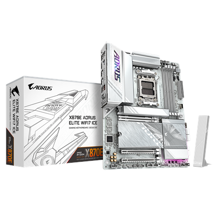 Gigabyte Gigabyte X870E AORUS ELITE WIFI7 ICE | Processor family AMD | Processor socket AM5 | DDR5 | Supported hard disk drive interfaces SATA, M.2 | Number of SATA connectors 4 X870E A ELITE WF7 ICE