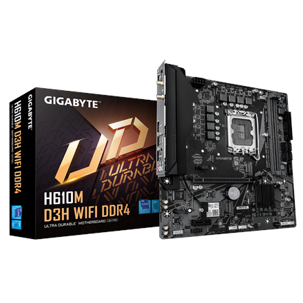 Gigabyte Gigabyte H610M D3H WIFI DDR4 | Processor family Intel | Processor socket LGA1700 | Supported hard disk drive interfaces SATA, M.2 | Number of SATA connectors 4 H610M D3H WIFI DDR4