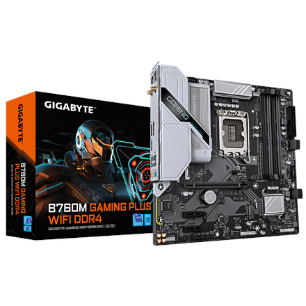 Gigabyte Gigabyte B760M GAMING PLUS WIFI DDR4 (rev. 1.0) | Processor family Intel | Processor socket LGA1700 | DDR4 | Supported hard disk drive interfaces SATA, M.2 | Number of SATA connectors 4 B760M G P WIFI DDR4