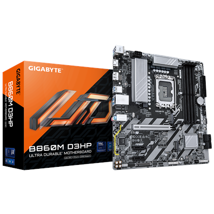 Gigabyte Gigabyte B860M D3HP | Processor family Intel | Processor socket LGA1851 | DDR5 | Supported hard disk drive interfaces M.2, SATA | Number of SATA connectors 4 B860M D3HP