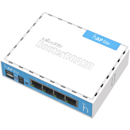 MikroTik hAP Lite Classic | RB941-2nD | 802.11n | 10/100 Mbit/s | Ethernet LAN (RJ-45) ports 4 | Mesh Support No | MU-MiMO No | No mobile broadband | Antenna type Internal | 1xUSB | 12 month(s) RB941-2nD