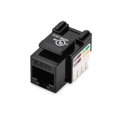 Digitus Class D CAT 5e Keystone Jack | DN-93501 | Unshielded RJ45 to LSA | Cable installation via LSA strips, color coded according to EIA/TIA 568 A & B; The Cat 5e keystone module supports transmission speeds of up to 1 GBit/s & 100 MHz in connection with cat. 5e or higher network installation cables | Black DN-93501
