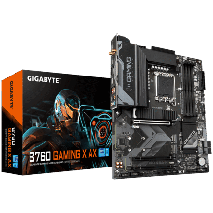 Gigabyte Gigabyte | B760 GAMING X AX 1.1 M/B | Processor family Intel | Processor socket LGA1700 | DDR5 DIMM | Memory slots 4 | Supported hard disk drive interfaces SATA, M.2 | Number of SATA connectors 4 | Chipset Intel B760 Express | ATX B760 GAMING X AX 1.1