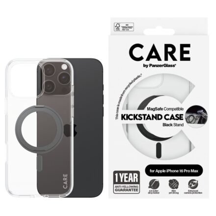 CARE CARE by PanzerGlassFeature Case Transparent w. Black Kickstand & MagSafe iPhone 16 Pro Max | CARE 1324