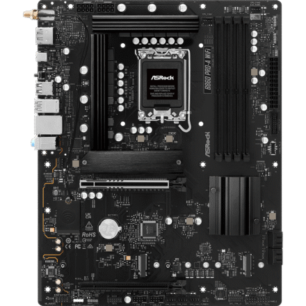 ASRock ASRock B860 PRO-A WIFI | Processor family Intel | Processor socket LGA1851 | DDR5 | Supported hard disk drive interfaces SATA, M.2 | Number of SATA connectors 4 B860 PRO-A WIFI