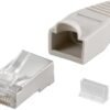Goobay Goobay 68746 RJ45 plug, CAT 5e STP shielded with strain-relief boot, grey | for round cable with Threader cable lead in 6.4 mm single packed (1 set per polybag) Technical specifications Connections Connection, type RJ45 male (8P8C) Connection, contact material gold-plated 3µ Contacting 8 Pin Cable Specification CAT 5e Shielding class STP AWG 26-24 General Consumption Unit 10 pcs. polybag Color grey 68746