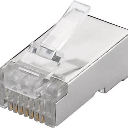 Goobay Goobay 93829 RJ45 plug, CAT 6 STP shielded | for round cable for stranded and solid inner conductor Technical specifications Connections Connection, type RJ45 male (8P8C) Connection, contact material gold-plated 15µ Contacting 4+4 Pin Cable Specification CAT 6 Shielding class STP AWG 26-23 General Consumption Unit 1 pcs. 93829
