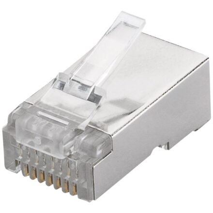 Goobay Goobay 93829 RJ45 plug, CAT 6 STP shielded | for round cable for stranded and solid inner conductor Technical specifications Connections Connection, type RJ45 male (8P8C) Connection, contact material gold-plated 15µ Contacting 4+4 Pin Cable Specification CAT 6 Shielding class STP AWG 26-23 General Consumption Unit 1 pcs. 93829