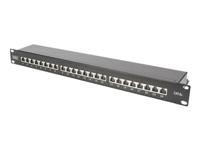 Digitus CAT 6A | Patch Panel | RJ45, 8P8C | Suitable for 483 mm (19") cabinet mounting; Transmission properties: Category 6A, Class EA; Area of application: Up to 500 MHz, 10GBase-T; Size:482.6 x 44 x 109mm | RJ45 shielding (Tinned bronze) DN-91624S-EA-B