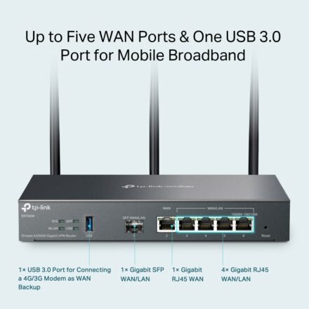 TP-LINK SafeStream Gigabit Multi-WAN VPN Router | ER706W | 802.1q | Ethernet LAN (RJ-45) ports 1× Gigabit SFP WAN Port, 1× Gigabit RJ45 WAN Port, 2x Gigabit RJ45 LAN Ports 2× Gigabit WAN/LAN RJ45 Ports | Mesh Support Yes | MU-MiMO Yes | 3G/4G via optional USB adapter | 60 month(s) ER706W