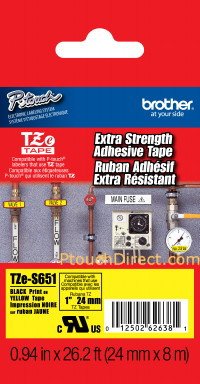 Brother Brother | TZe-S651 Strong Adhesive Laminated Tape | Black on Yellow | TZe | 8 m | 2.4 cm TZES651