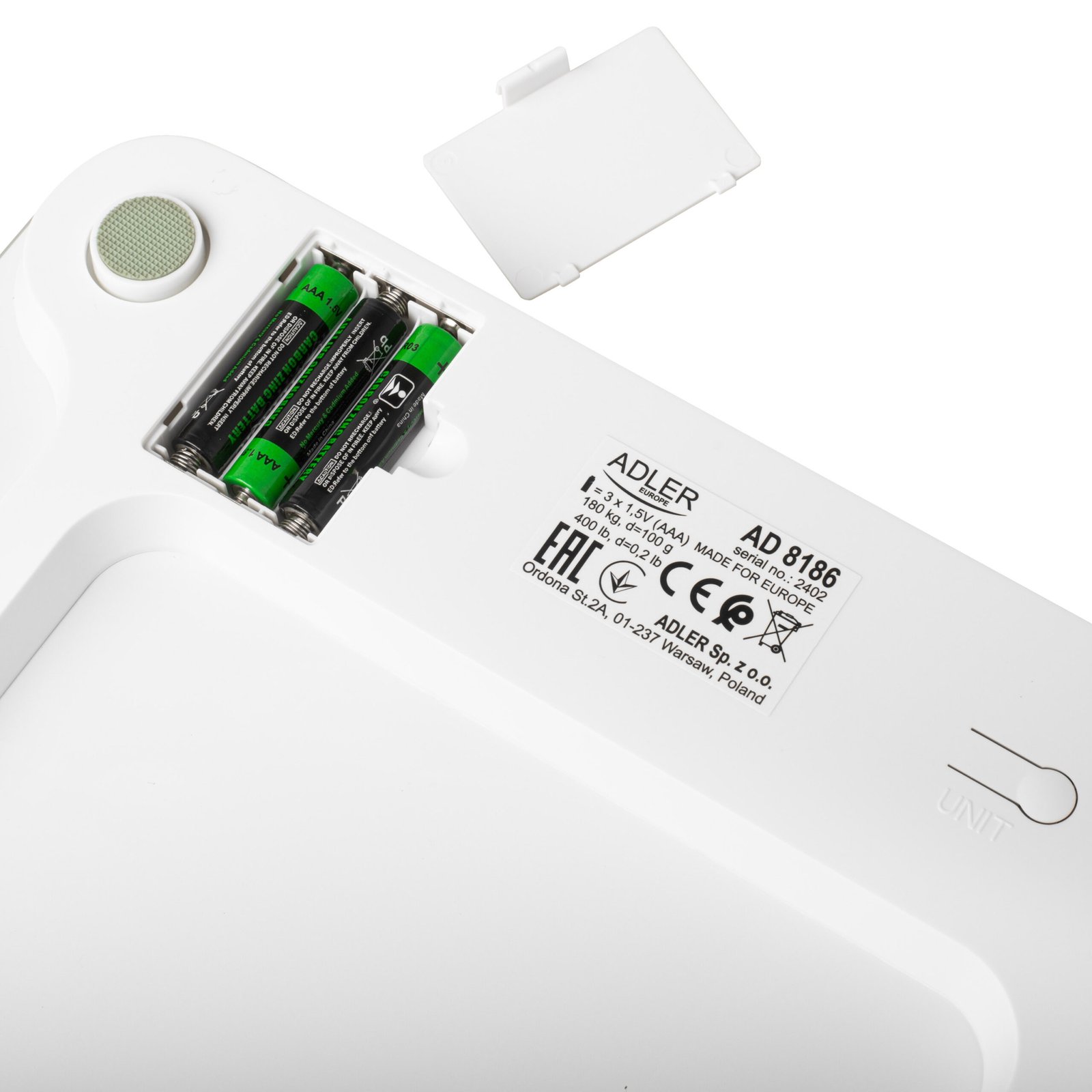 Adler Adler | Smart Bathroom Scale | AD 8186w | Auto power off | Body fat analysis | Body Mass Index (BMI) measuring | Bone mass analysis | Maximum weight (capacity) 180 kg | Memory function | Multiple users | Bluetooth 4.2; Tempered Glass Platform: 6 mm; Overload/Low Battery Indicator AD 8186w