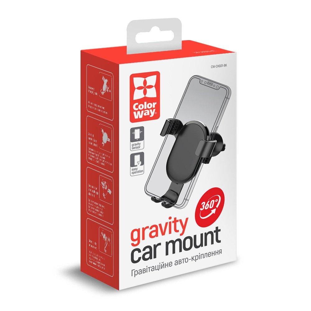 ColorWay ColorWay | Metallic Gravity Holder For Smartphone | Adjustable | Clamp | Black | Fixation of the smartphone in one motion. Compact design, does not take up much space and does not obstruct the view. Soft coating, eliminates the appearance of scratches and scuffs on the smartphone body. Charging hole - allows you to connect the cable and charge the phone without hindrance. Rubberized side seals do not damage the device and prevent backlash and movement. | 360 ° | 6.5 " CW-CHG01-BK