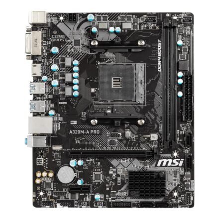 MSI MSI | A320M-A PRO | Processor family AMD | Processor socket AM4 | DDR4 | Memory slots 2 | Supported hard disk drive interfaces SATA | Number of SATA connectors 4 | Chipset AMD A320 | m-ATX A320M-A PRO